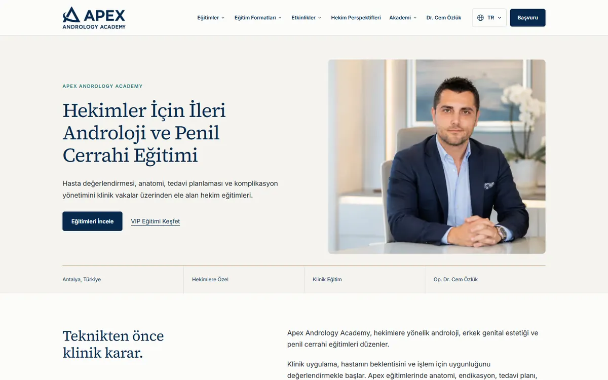Apex Andrology Academy web sitesinin ana sayfa görünümü