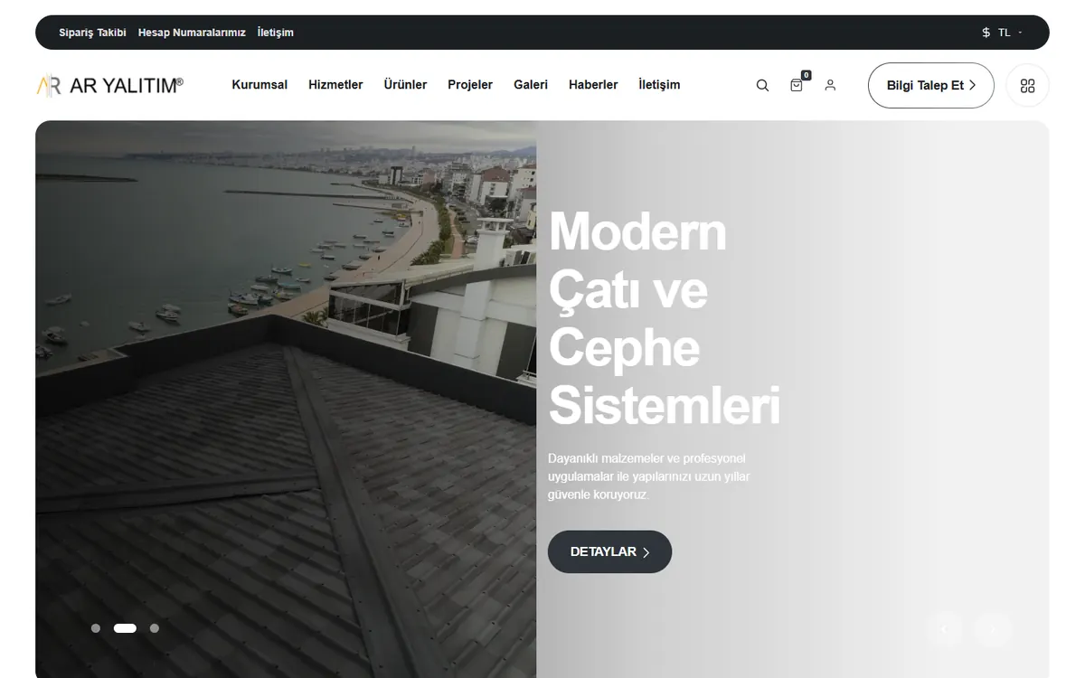 AR Yalıtım web sitesinin ana sayfa ekranı