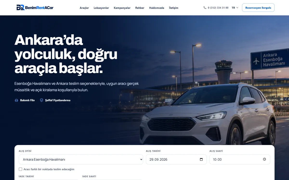 Benim Rent A Car web sitesinin ana sayfa ekranı